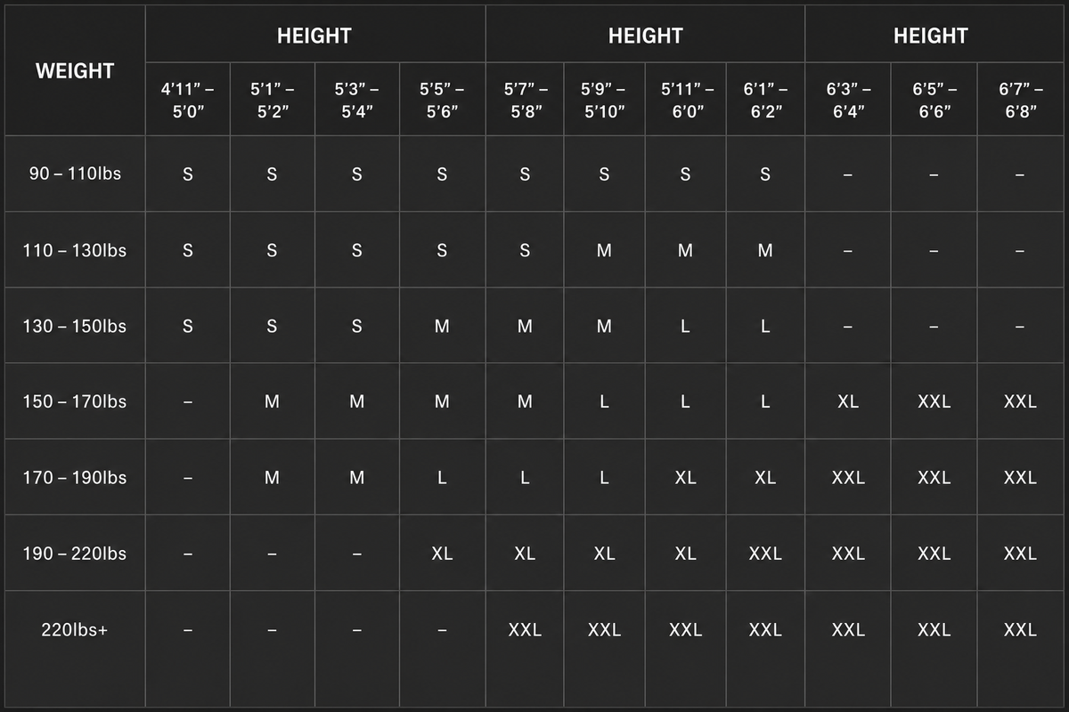 Size chart for Infinity Hoodie - Dark